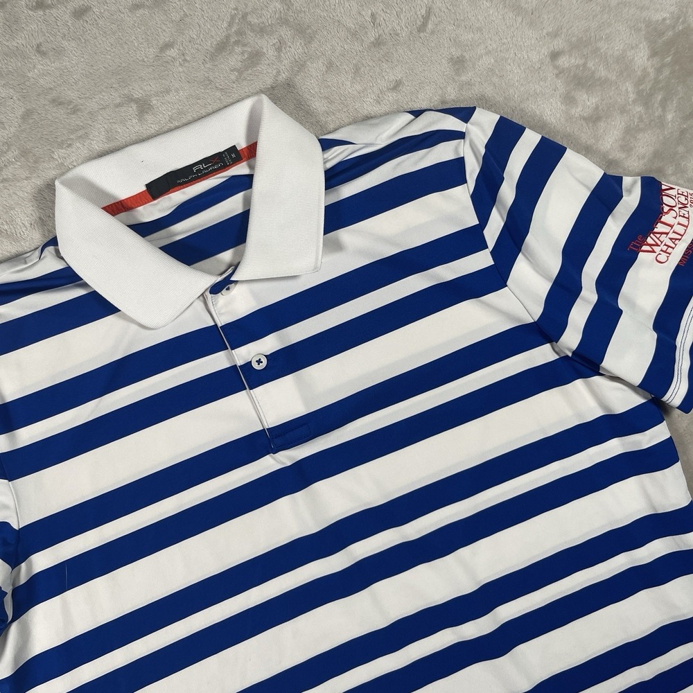 RLX Ralph Lauren Polo Shirt Watson Challenge Men‎ Medium White Blue Striped Golf